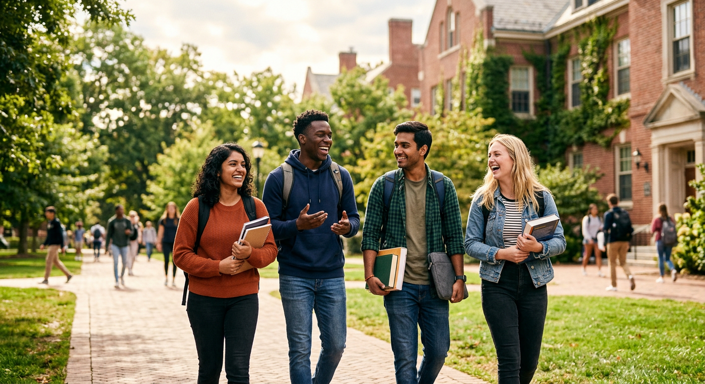 A group of undergraduate students walking and talking together on a sunny campus pathway