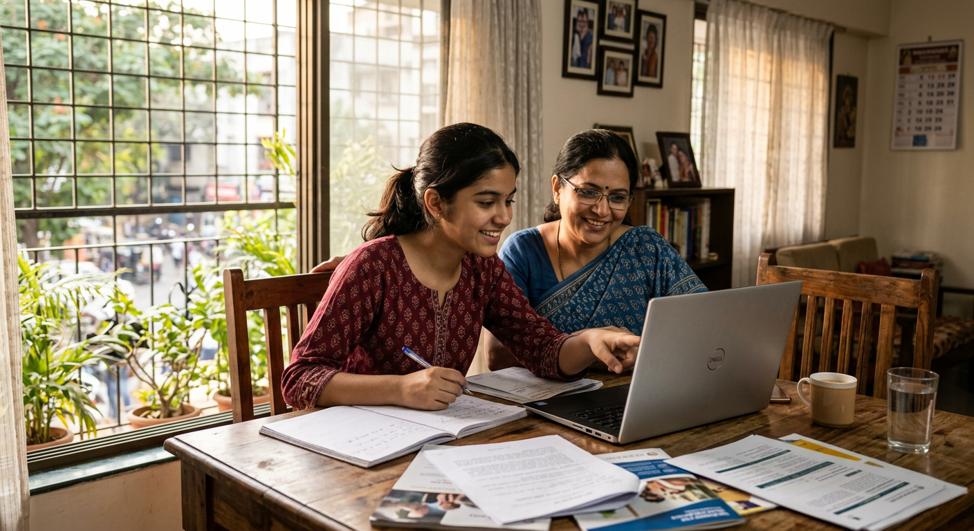 An Indian student and parent reviewing university information together on a laptop